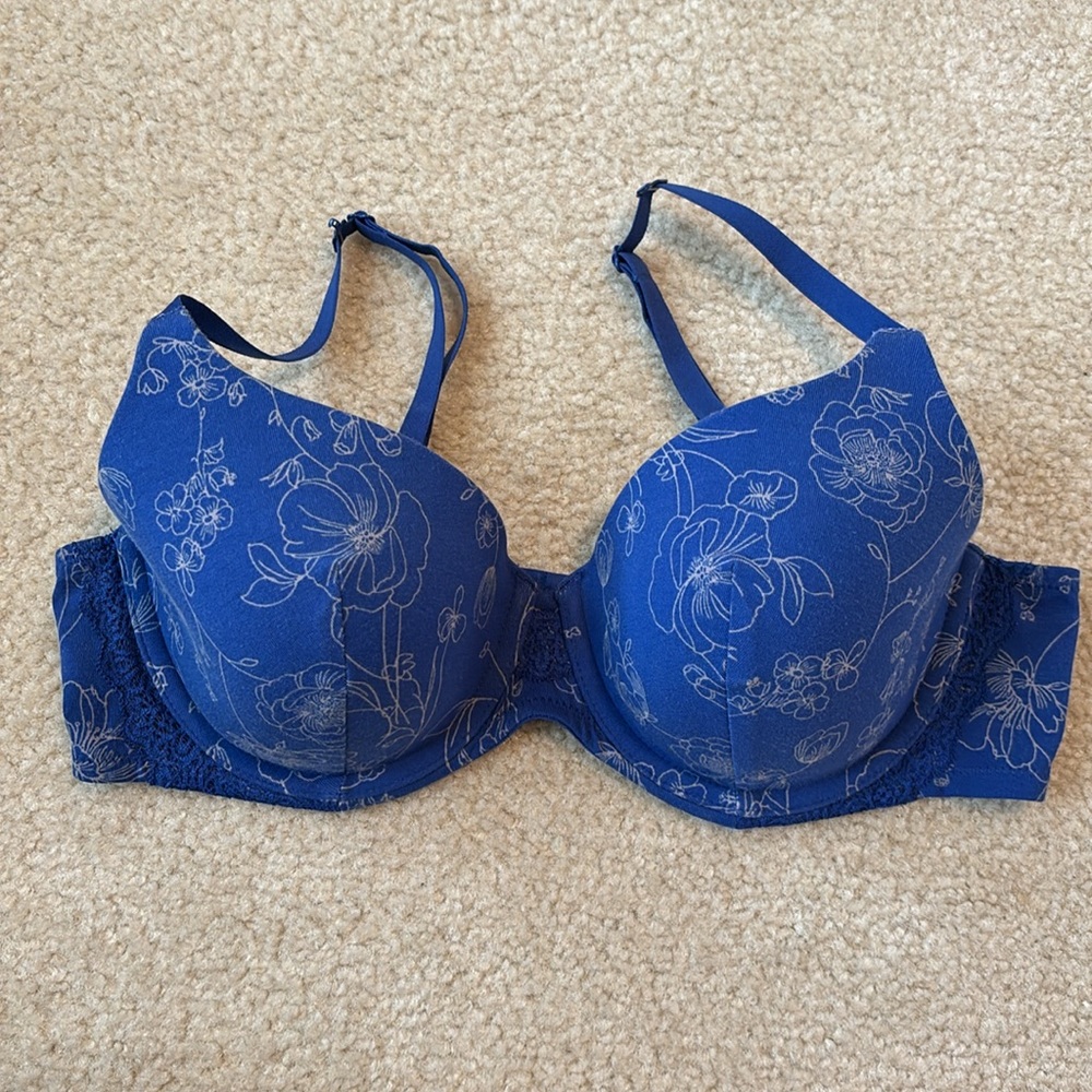 Ambrielle Organic Cotton Full Coverage Bra 38B Blue Floral